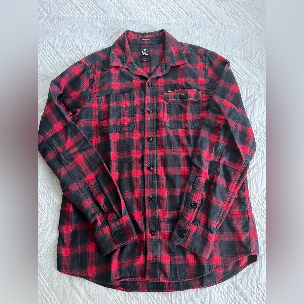 Red and Black Plaid Volcom Button-Up Shirt